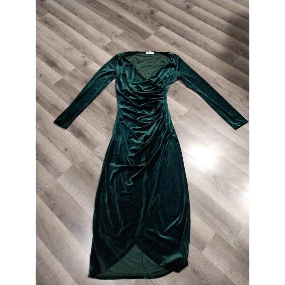 Dirass Size Small Formal Dark Green Velvet High Slit Dress Womens